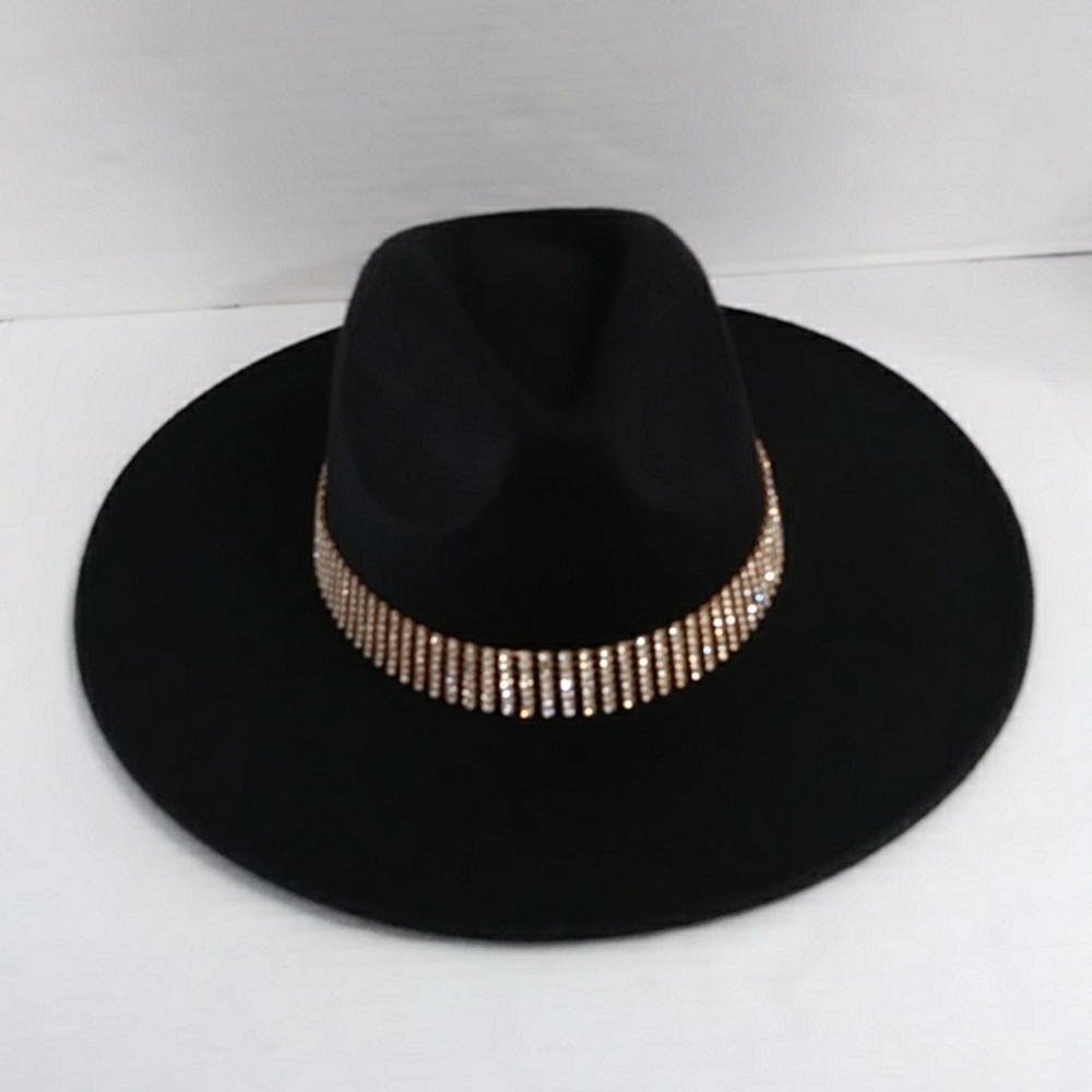 Black Fedora Hat With Gold Rhinestone Trim *EUC* - Picture 7 of 11